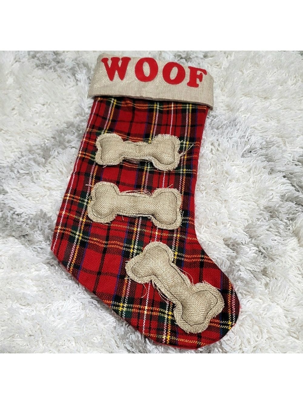 Vintage WOOF  Christmas Festive Plaid Pets Stocking